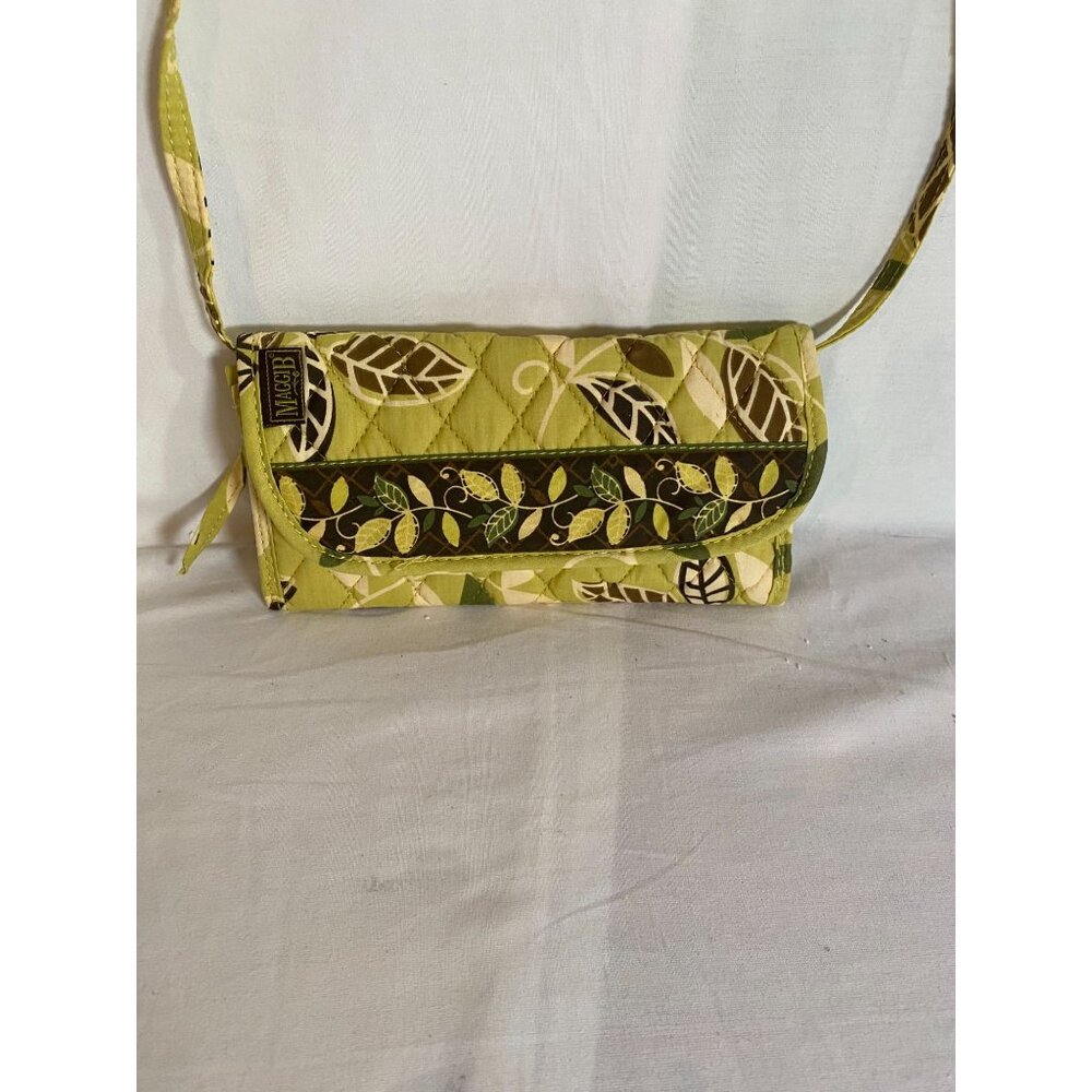 Maggi B Quilted Green & Brown Leaf Patter Quilted Tri-Fold Crossbody Wallet